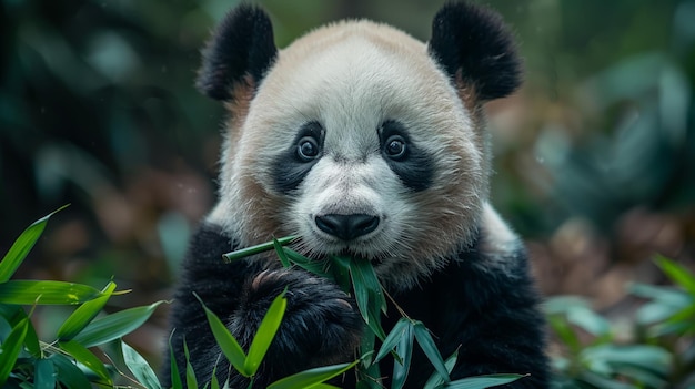 Panda Bear Eating Bamboo in Forest