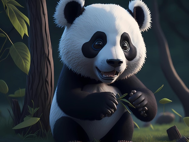 A panda bear eats bamboo in a forest.