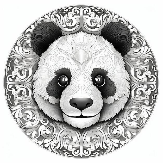 A panda bear face is surrounded by a floral pattern.