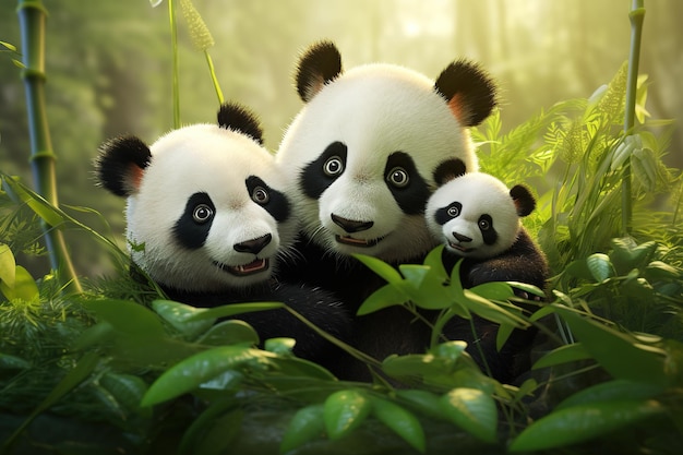 Семья панд наслаждается бамбуковым пиршеством в бамбуковом лесу, демонстрируя очаровательного черно-белого млекопитающего в его естественной среде обитания среди пышного бамбукового леса Дикие животные Генеративный ИИ