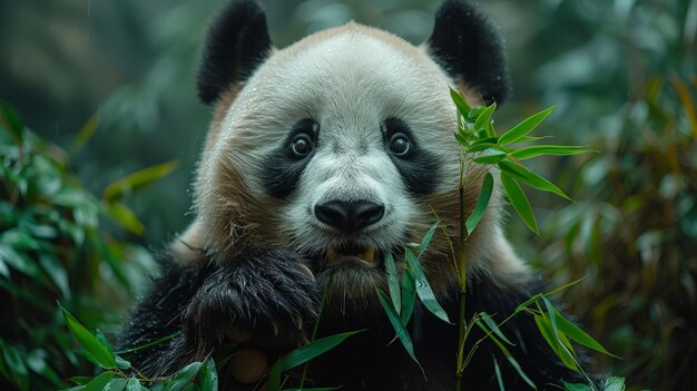 Panda Bear Feeding on Bamboo in Forest