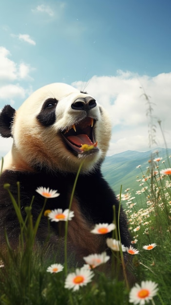 A panda bear in a field of flowers