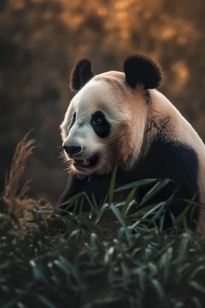 A panda bear in a field of grass