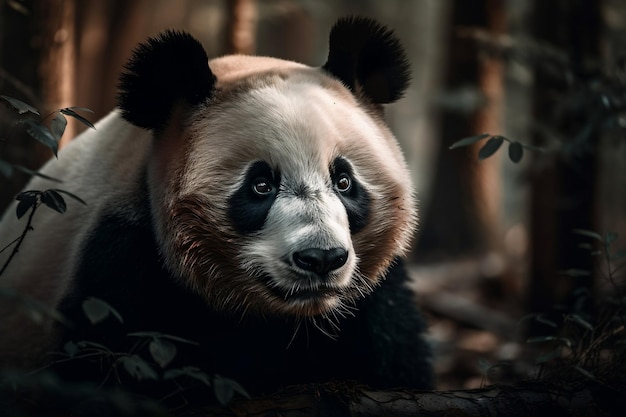 A panda bear in a forest with a dark background