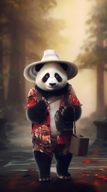 Photo panda bear in a hat and shirt with a suitcase generative ai