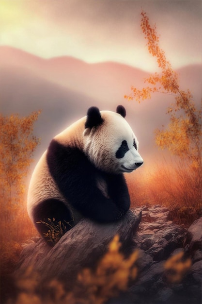 Panda bear hiding behind a large green leaf generative ai