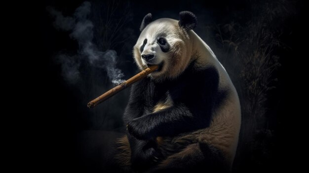 A panda bear holding a bamboo stick in a dark bac