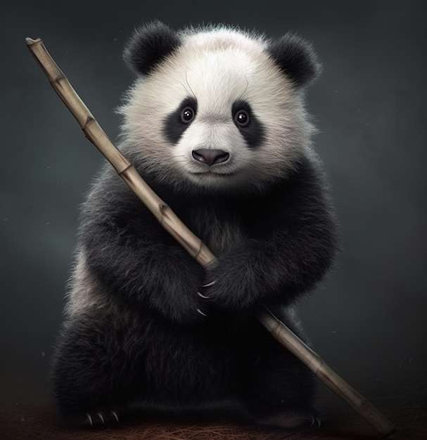 Foto un orso panda che tiene un bastone di bambù su uno sfondo scuro.