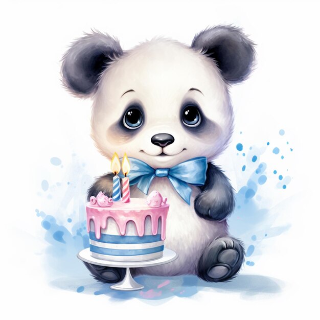 Panda bear holding a birthday cake with a candle on it generative ai