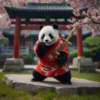 Photo panda bear holding a flute and holding a flute