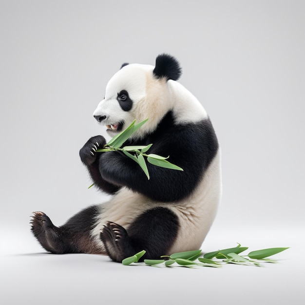 A panda bear is eating bamboo leaves in this image.