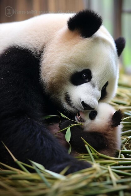 a panda bear is eating grass with its mouth open