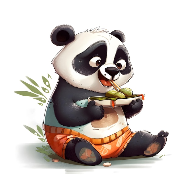 Медведь-панда ест тарелку с едой, на которой лежит зеленый лист.