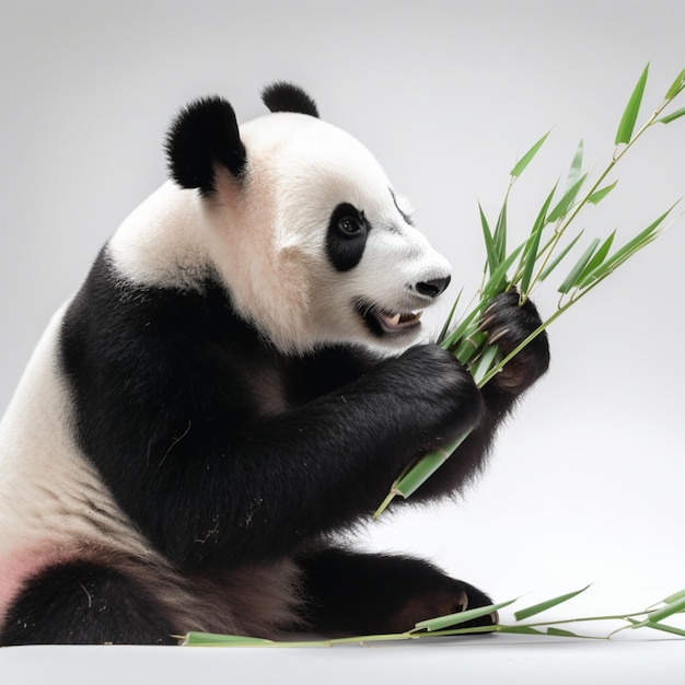 A panda bear is eating some grass and it is eating.