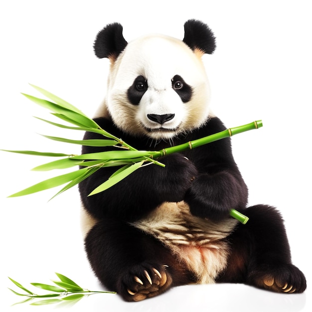 A panda bear is holding a bamboo plant in front of a white background.