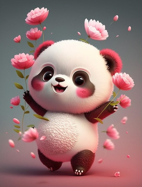 Panda bear is holding flower in its hands generative ai