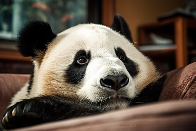 A panda bear is resting on a bed.