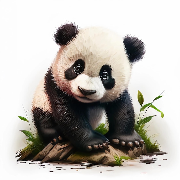 A panda bear is on a rock and has black eyes.