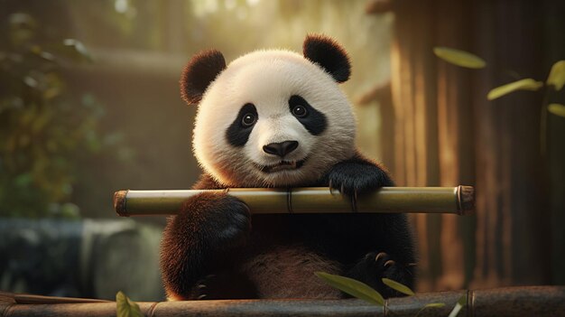 Foto un orso panda è seduto su un bastone di bambù