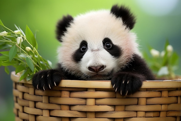 Photo a panda bear is sitting in a basket with his paws on the side