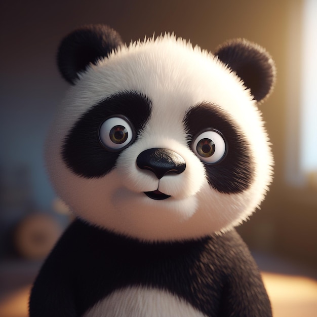 A panda bear is sitting on a couch with a dark background.