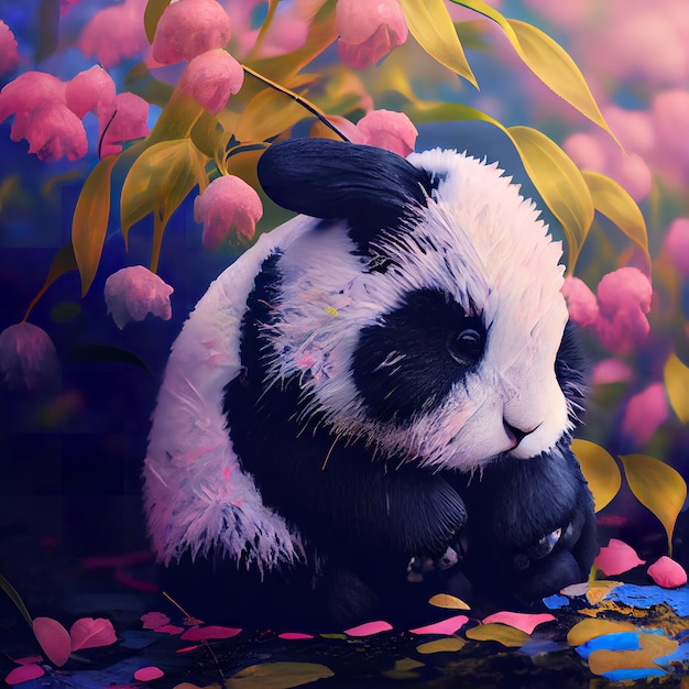 A panda bear is sitting on a flower bed.