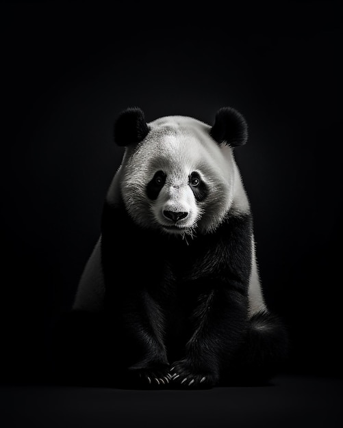 A panda bear is sitting in front of a black background.