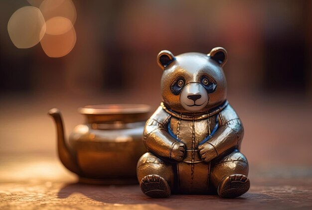a panda bear is sitting in front of a copper pot in the style of selective focus