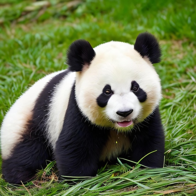 A panda bear is sitting in the grass and has his tongue out.