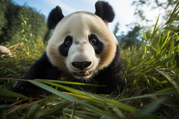 A panda bear is sitting in the grass