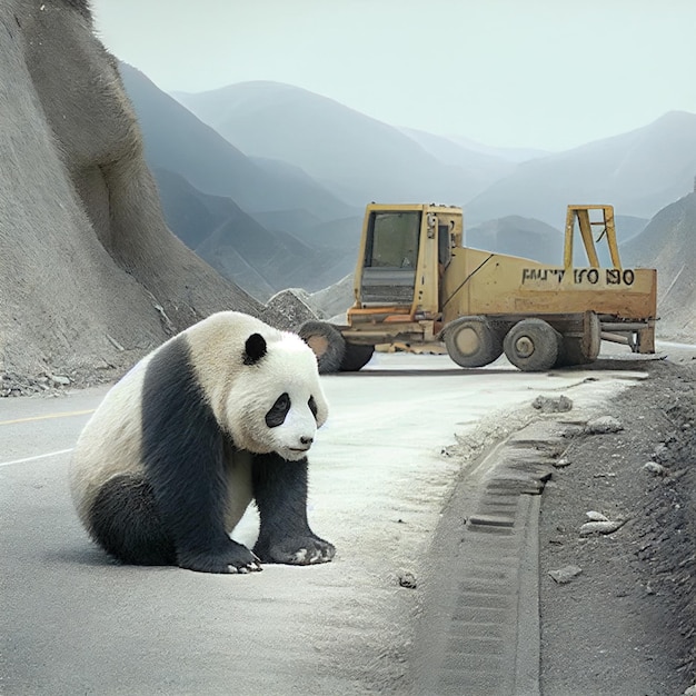 A panda bear is sitting on the road in front of a bulldozer.