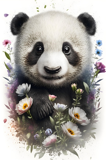 Un orso panda è in piedi in un campo di fiori.