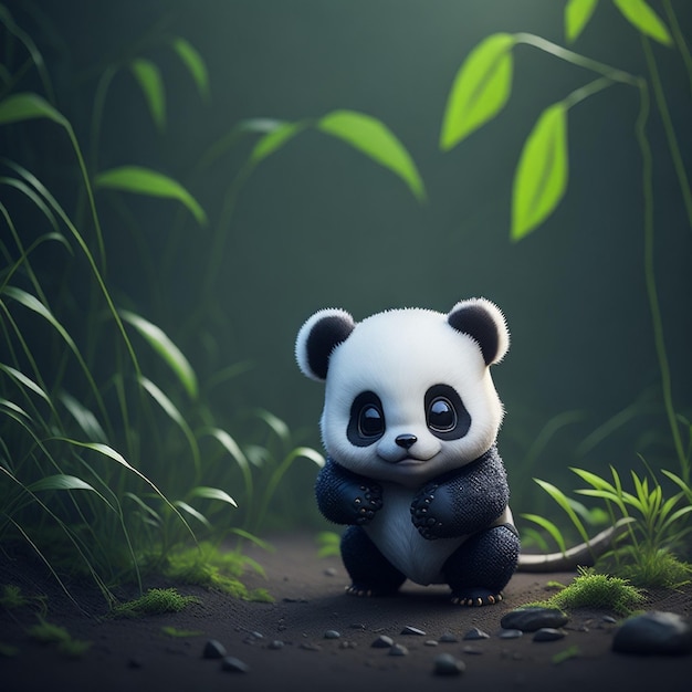 A panda bear is standing in a forest with green plants in the background.