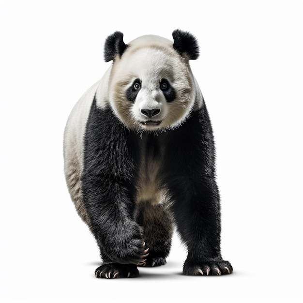 A panda bear is standing on a white background.