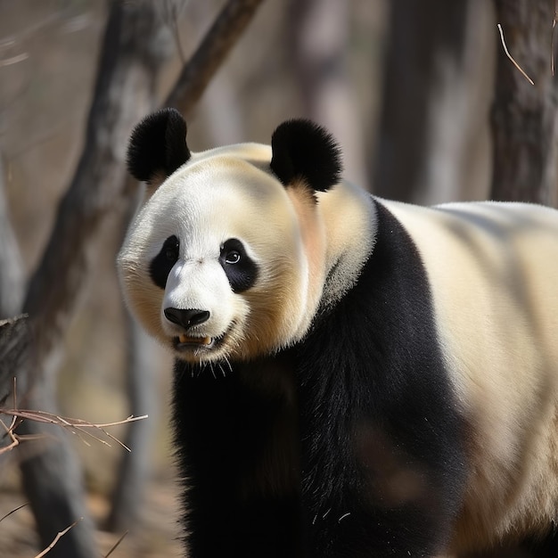 A panda bear is standing in the woods with trees behind it.