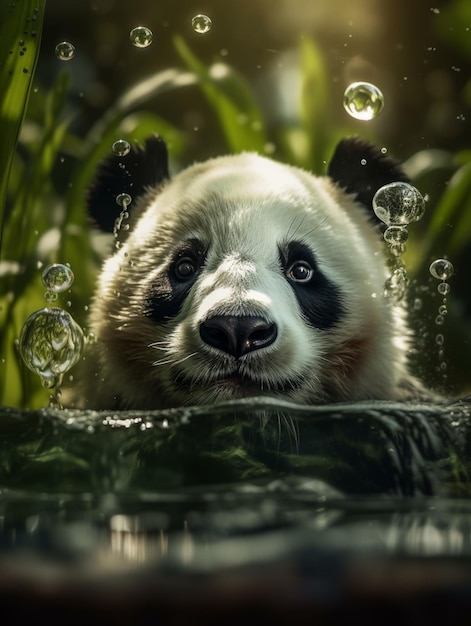 A panda bear is swimming in the water and the water is surrounded by bubbles.