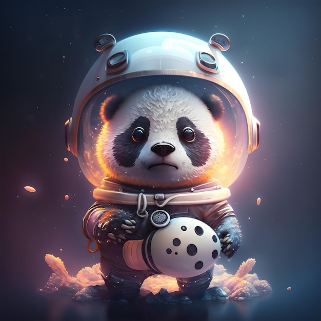 A panda bear is wearing a helmet and has a white egg on it.