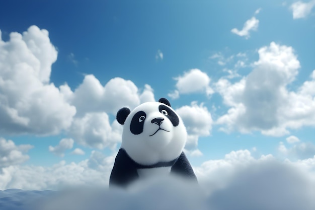 A panda bear looks up into the sky.