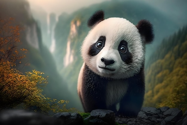 A panda bear in a mountain scene