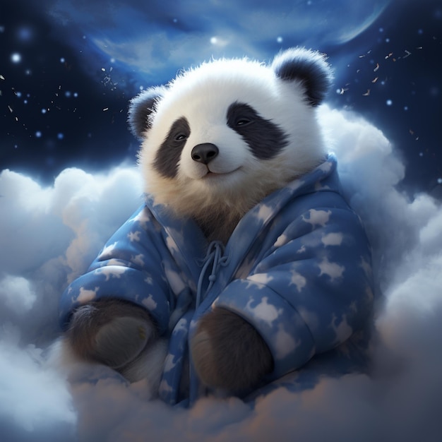 panda bear in pajamas sitting on cloud with moon in background generative ai