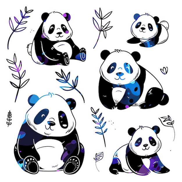 Panda Bear platte vector linea set illustratie van hoge kwaliteit