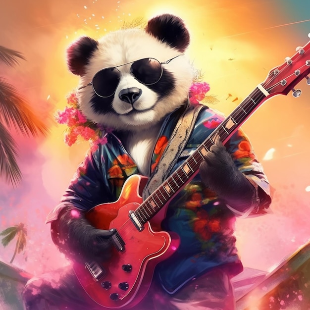 panda bear playing guitar on a beach with a hawaiian theme generative ai