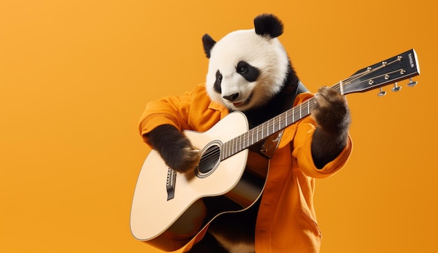 Panda bear playing guitar and wearing orange shirt against orange background generative ai