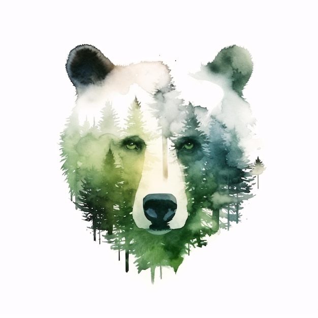 Panda bear portrait with forest double exposure effect wildlife protecting concept watercolor illustration Generative Ai