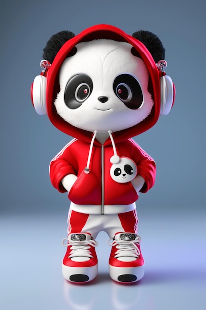 Panda bear in a red hoodie with skull headphones on generative ai