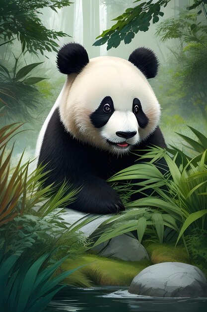 Panda bear relaxing in the jungle a serene view ai generative
