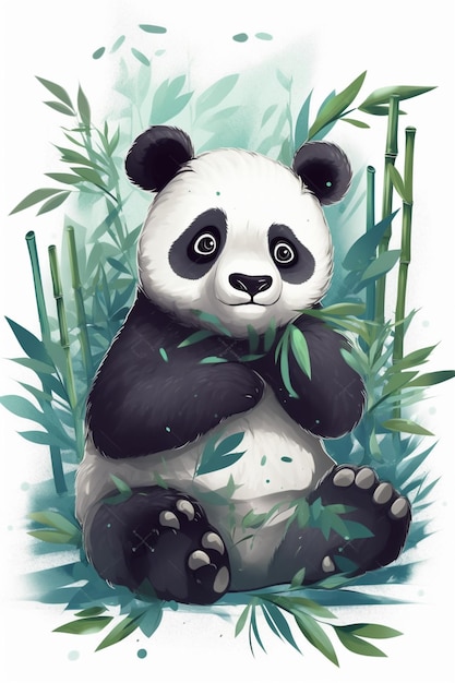 A panda bear sits in the bamboo forest.