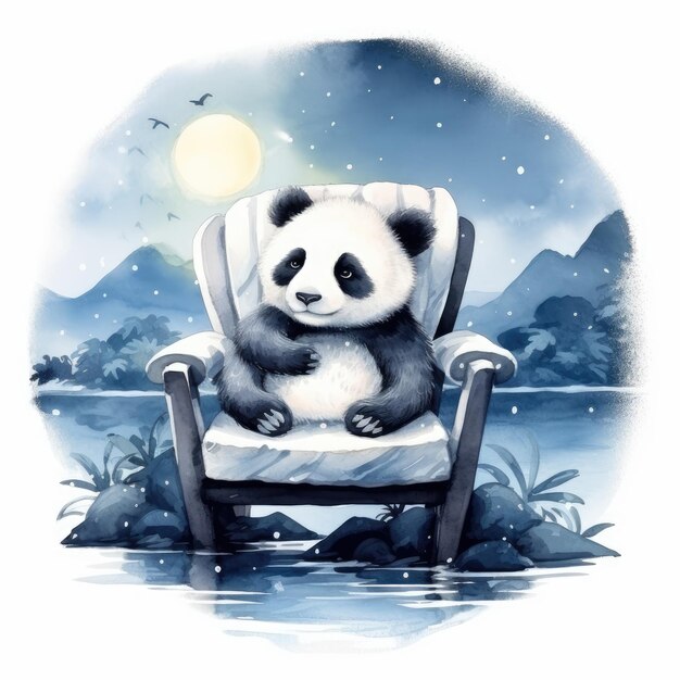 a panda bear sits on a chair in a swamp with mountains in the background.