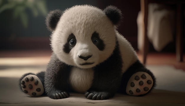 Медведь-панда сидит на полу в сцене из фильма «Панда».