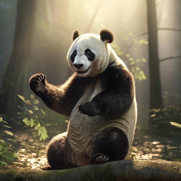 a panda bear sits in a forest with the sun behind him